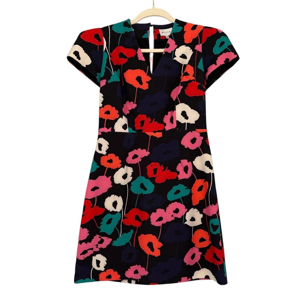 Milly Black Poppy Floral V-Neck Dress Size 4 Lined Short Sleeve Chic - Picture 2 of 9